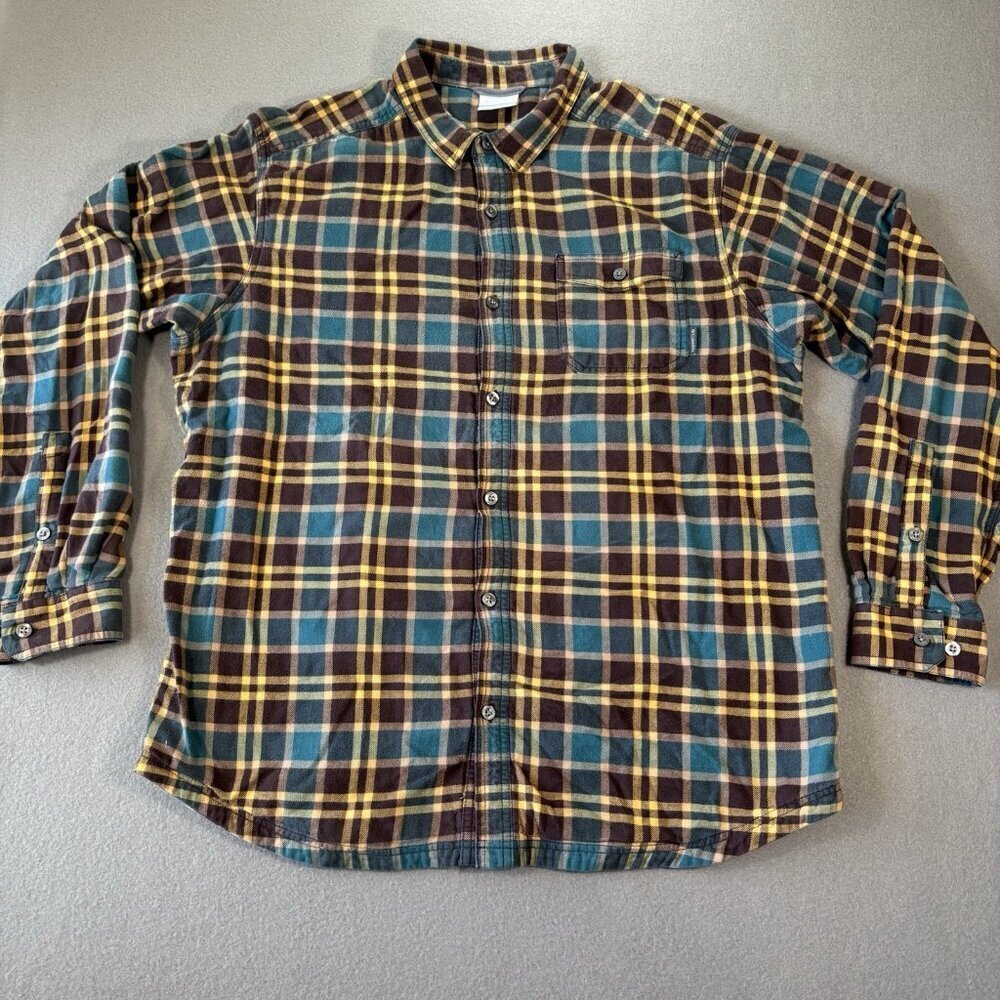 Columbia Lined Flannel Shirt Mens XL Blue Brown Plaid‎ Long Sleeve Shacket Heavy